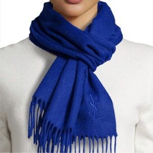 YSL Yves Saint Laurent Cobalt Blue Wool Cashmere Italy Fringe Tassel Scarf